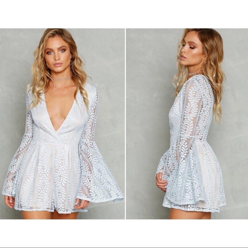 Elegant Boho Bell Sleeve Romper in light Blue